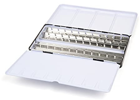 Honsell Aquarell-Leerkasten aus Metall für 48 halbe oder 24 ganze Näpfe, mit Mischpalette und Daumenring, Bunt