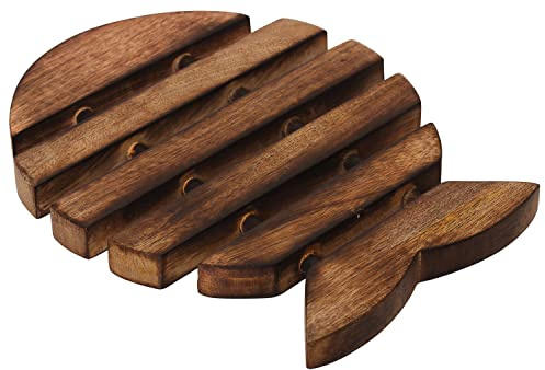 eTroves Dessous de plat en bois pour plats chauds, casseroles et poêles en bois antidérapant en forme de poisson résistant à la chaleur | Décoration de comptoir de cuisine de ferme, 25,4 cm, marron