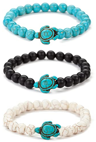 Liitata 3 Stück Schildkröte Armband Naturstein Armband Yoga Perlen Armbänder Elastisches Seil Bracelets für Damen und Herren Schwarz Weiß Grün