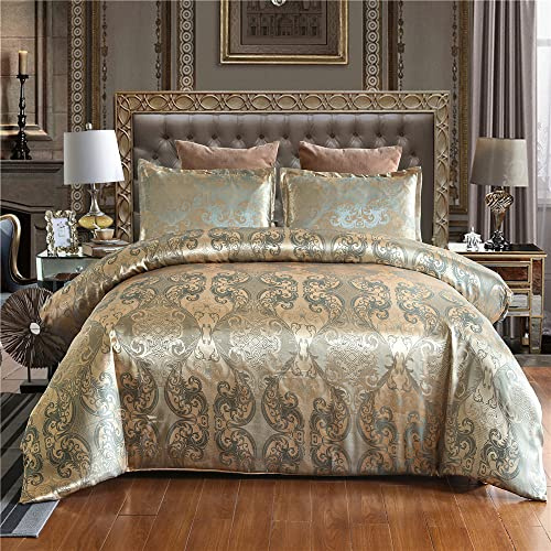 Set Copripiumino in Raso di Seta Coperta per Tutte le Stagioni Copripiumino da Letto Queen Set Copriletto Oro Rosa Reale di Lusso Jacquard Trapunta Set Biancheria da Letto con 2 Federe Abbinate (King