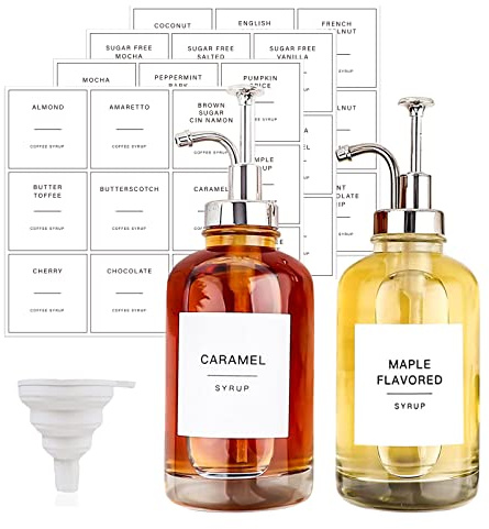 2 Stück Kaffeesirupspender mit 36 ​​Etiketten, Pumpspender, Kaffeebar, Minimalistische Glasahorn/Kaffeeflaschen, Einfache Sirupflaschen, Glas Spenderflaschen für Kaffee, Bar, Hausbar, 500 ml (Silber)
