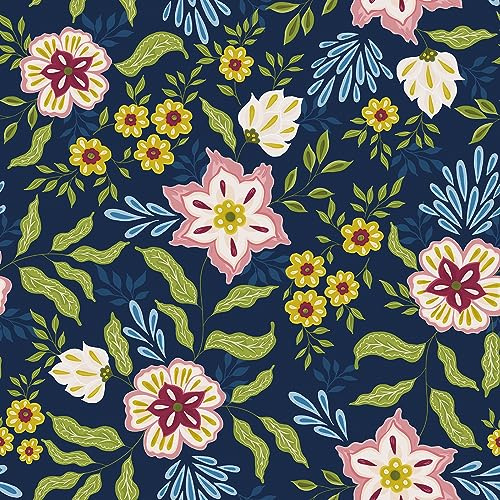 VaryPaper Vintage Floral Wallpaper Self Adhesive Dark Blue Contact Paper 44.5cmx200cm Flower Sticky Back Plastic Furniture Wrap Botanical Wall Art Stick on Wallpaper for Living Room Bedroom