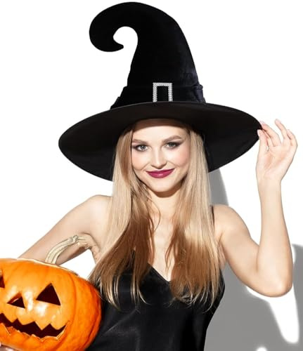 Hatstar Samtig-weicher Hexenhut, in Schwarz mit Schnalle, Kostüm Accessoire für Halloween, Karneval und Fasching, Einheitsgröße für Damen, Herren & Kinder