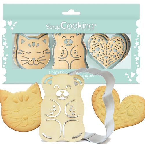 SCRAP COOKING 2111 Coffret 3 Découpoirs Inox et 3 Embosseurs Bois pour Contact Alimentaire