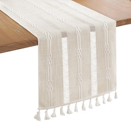 Bigqin Boho Table Runner with Tassels, 183x33cm/72x13 Table Decoration, Linen Beige Table Runner Tablecloth for Home Wedding Decoration, Ivory