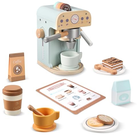 Pithfor Kids Wooden Coffee Maker Toy, Wooden Play Kitchen Appliances & Accessories Toy for Kids Toddlers, Gift for Girls Boys