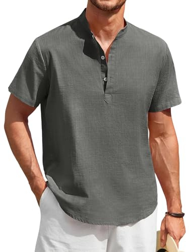Enlision Linne Skjorta Herr Kortärmad Sommar Casual Skjortor för Män Mao Ibicenca Button Up T-shirt Bomull Enfärgad Kläder S-4XL, E2 mörkgrå, XXL