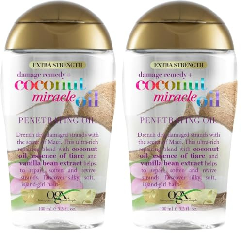 OGX Coconut Miracle Oil Extra Strength Penetrating Oil (1 x 100 ml), aceite para pelo seco y dañado anti frizz con aceite de coco, esencia de tiaré y extracto de vainilla (Paquete de 2)