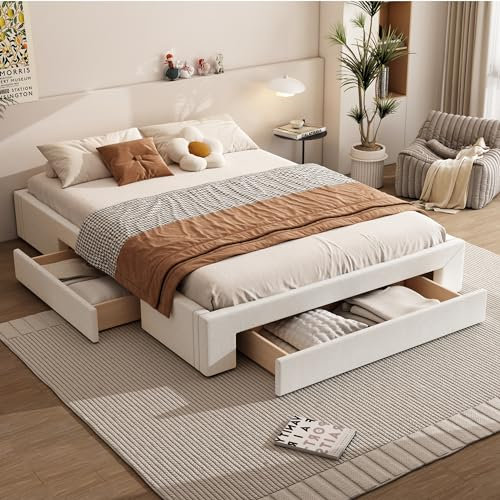 WIZBED Futonbett Polsterbett 160x200 mit 3 Schublade, Bodenbett Bettgestell mit Lattenrost, Höche 34 cm - Gepolsterter Flachbett Bett, Doppelbett ohne Kopfteil & Matratze