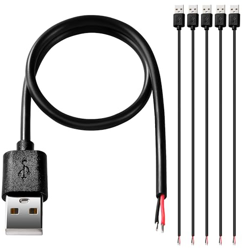 KUOQIY 5 Stücke USB-A Stecker 5V / 3A Pigtail offenes Ende Stromkabel, 30cm 22 AWG USB 2.0 Stecker 2-poliger Draht DIY Pigtail-Kabel, für USB-Geräte Reparatur DIY-Kabel