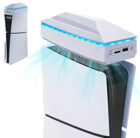 Tendak Cooling Fan for PS5 Slim Upper LED Cooler Fan with RGB Light, Dual USB 2.0 Port 3 Adjustable Speed for Playstation 5 Slim Disc & Digital Game Console