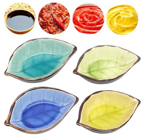 BLLREMIPSUR 4 pcs Ceramic Sauce Dishes, Leaves Shape Sauce Bowls Mini Side Seasoning Dish Sushi Soy Sauce Dipping Condiment Dishes