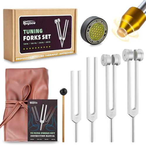 Hugbow Stimmgabeln für Heilung, gewichtete und ungewichtete Stimmgabel, 128 Hz, 136,1 Hz, 256 Hz, 384 Hz, bleifreie Aluminiumlegierung, nicht magnetisch, Hockey-Puck-Aktivator und Füße, vegane
