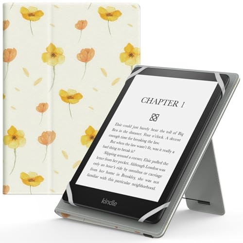 MoKo Universal Case for 6-7 E-Readers, Kobo, Voyaga, Lenovo, Sony Tablets - PU Leather Folio Shell Cover with Hand Strap/Kickstand - Flower on White