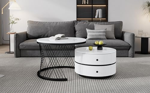 Elegantes 2-teiliges, weißes Couchtisch-Set in Nestform, 60*60*46cm & 50*50*30.8cm, runde Tische mit hochglänzender Marmoroptik, 2 Schubladen, bis 30kg belastbar,Nesting-Kombination Couchtisch