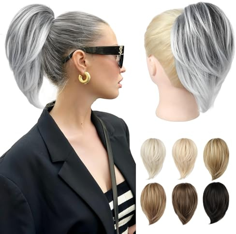 REECHO Ponytail Extension, kurzer glatter Ponytail Extension, Haarkrallen Dutt Haarteil unordentlicher Dutt natürliches Kunsthaar falscher Pferdeschwanz Haarverlängerung für Damen