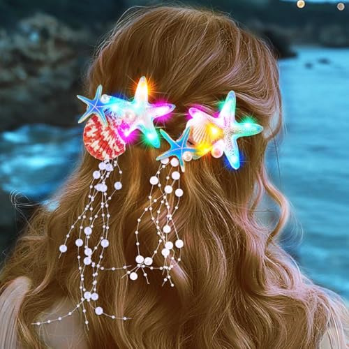 Zoestar Leuchtende Seestern-Haarspangen, LED-Muschel-Haarspange, Perlen-Quaste, Haar-Haarspangen, Meerjungfrau-Strand-Haarschmuck für Damen (2 Stück) (Stil 1, Einheitsgröße)