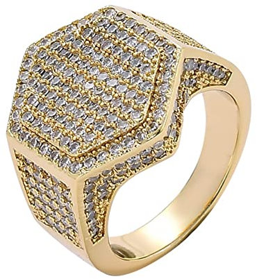 Ringschmuck, Herren Damen Hip Hop Iced Out CZ Sechseckiger Ring - 14K vergoldeter simulierter Diamant Bling Zirkonia Ring - Rapper Street Rock Bar Party Fashion Charm (Farbe: Gold, Größe: 08)