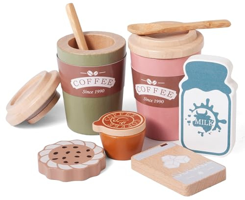 Donmills Kids Coffee Playset, Play Kitchen Accessories with Coffee Cups | Wooden Montessori Toy Espresso & Milk, Toddler Pretend Play Coffee Toy Kitchen Set Boys and Girls Birthday Gift
