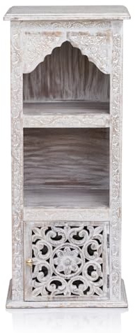 Marrakesch Boho Regal Badregal 30cm schmal 85cm hoch in Weiss | Bücherregal aus Holz Sakar als Wohnzimmer Deko oder Küchenregal in der Küche | kleines Holzregal stehend als Badezimmerregal