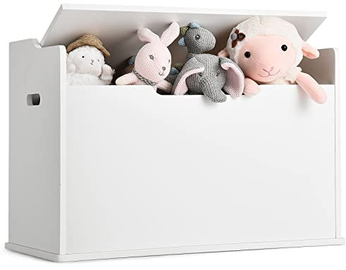 GOPLUS Spielzeugtruhe mit Deckel, Kinder Sitzbank mit Kissen & Stauraum, Spielzeugschrank mit seitliche Griffe, Spielzeugkiste aus Holz, Spielzeugaufbewahrung für Kinderzimmer, Weiß, 74 x 39 x 52 cm