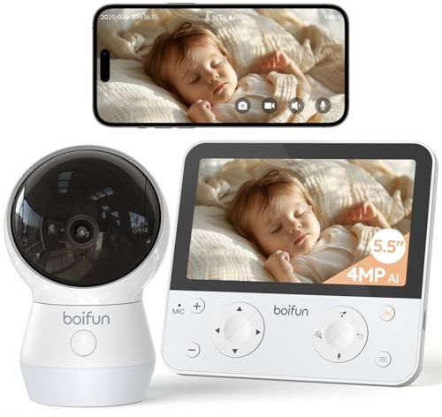BOIFUN 5,5 Babyphone mit Kamera APP, KI-/Bauchschlaf-/Bewegungs-/Geräuscherkennung, 4MP PTZ 355°/115° Nachtsicht, Buntes Nachtlicht, Sicherer Datenschutz, Automatische Verfolgung, Wiegenlieder