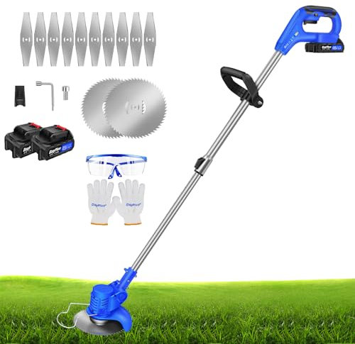 Garden Cordless Strimmer - Electric Grass Strimmer with Metal Blade - 2 Lithium Battery & Fast Charger - Lightweight Lawn Mower - For Garden Clearing Weeds Trees - Blue