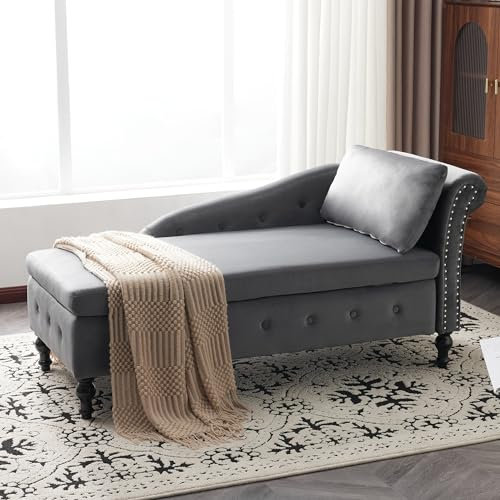 Modernes Samt-Chaiselongue-Sofa mit Stauraum, gepolsterte Couch mit Nagelkopfbesatz und Knopf, getuftete rechte Armlehne, Schlafzimmer und Bürostuhl mit Kissen, Wohnzimmermöbel für graues Dekor