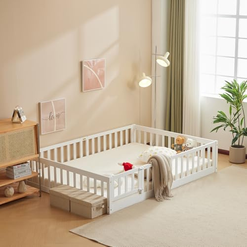 LEADZM 2in 1 bodenbett Montessori Kinderbett mit Freiem Tor （weiß 140×200） | mit Rausfallschutz & Lattenrost，Gitterbett Kinder Jugendbett Einzelbett - 2 Größen, bis zu 300 kg Tragfähigkeit, Umbaubar