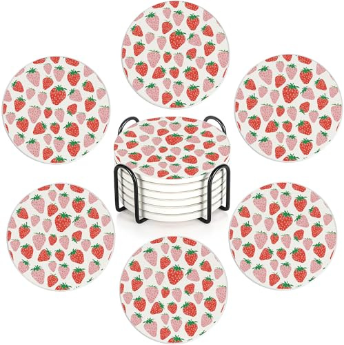 Pink Strawberry Set of 6 Coasters Absorbent Ceramic Drink Mats with Cork Base & Metal Holder, Spill Protectors for Mugs/Cups, Cheerful Home/Bar Decor