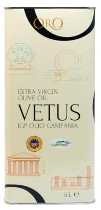 Oro Campania - Vetus Olio Extra Vergine D'oliva IGP Olio Campania, 100% Italiano, Olio Evo Estratto a freddo, fruttato Leggero, sapore intenso, cucina Gourmet, latta da 5L