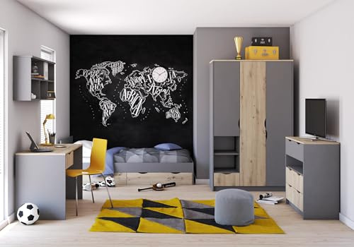 Jugendzimmer Zamiro Grau mit Artisan Eiche - Bett mit Bettkästen, Kleiderschrank, Kommode, Schreibtisch und Wandregal. Wahlweise als 4- oder 5-teiliges Komplett Set (5 teilig)