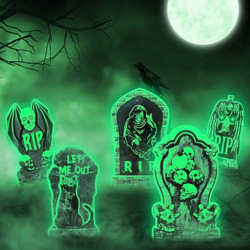Shyllin 5 Stück Halloween Grabstein mit fluoreszierendem Effekt Set,38x22cm,Halloween RIP Friedhof Grabsteine,Gruselige Dekoration für draußen,Friedhof Deko,für Garten