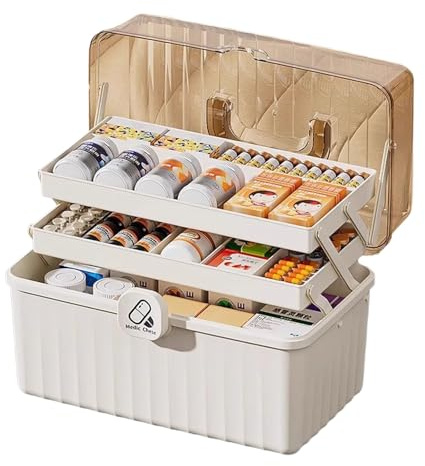 PORFOYO Boîte à pharmacie 3 étagères avec poignée et compartiment amovible, organisateur pour médicaments, cosmétiques, bijoux, blanc ivoire, 32 x 22 x 17 cm