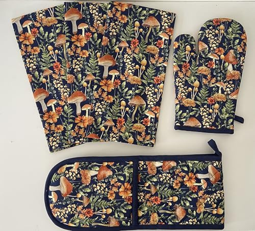 Kitchen Accessory Bundle in Navy Blue with Mushroom Design One Double Oven Glove, One Single Oven Glove, 3 Cotton Tea Towels 100% Cotton