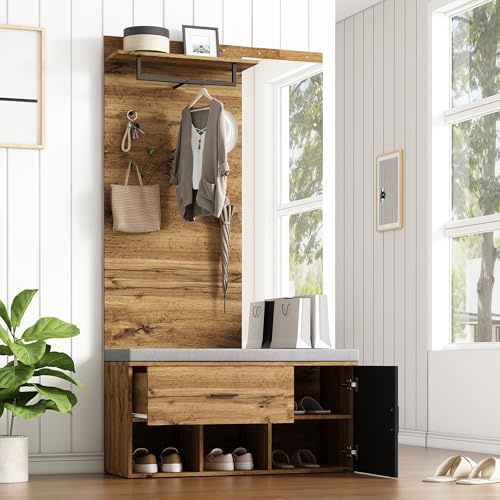 Gxffipw Multifunktionales Garderobe Set 190 cm Hohes mit Spiegel und Schuhschrank, Garderobenset mit Schublade und Regal, Flurgarderoben Set mit Garderobenhaken und Schuhbank, Flur möbel, Holzfarbe