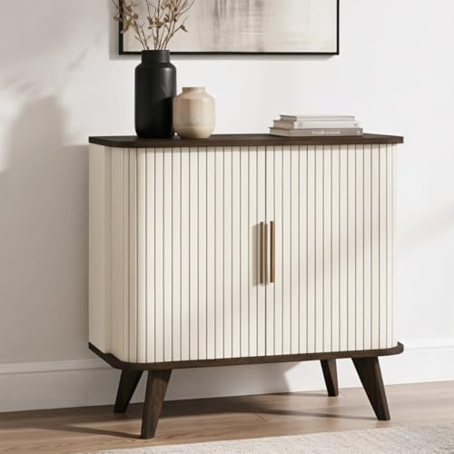 Galano Flutoria Lincoln Sideboard with 2 Doors – Modern Minimalist Storage Cabinet for Hallway, Living Room & Bedroom – Parchment/Royal Walnut