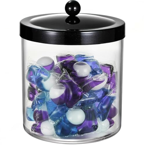 Amolliar 50 Oz Apothecary Jar - Clear Container with Stainless Steel Lid, Plastic Jar for Laundry Room Organization & Pods Storage, Bathroom Vanity Organizer, Kitchen Countertop Cantainer (Black)