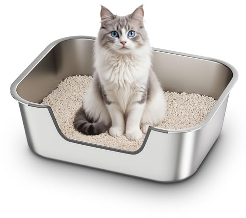 Kattlåda i Rostfritt Stål med Låg Kant, Metall Katttoalett för Äldre eller Skadade Katter, Stor Öppen XXL Utan Lock, Non-Stick, Luktfri, Lätt att Rengöra, 45×35×15 cm