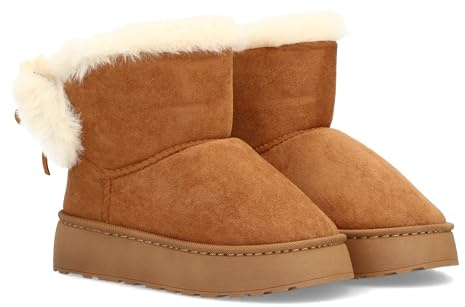 97248 Bota para Invierno con Exterior Afelpado y Detalle de Borreguito. Suela de Plataforma Antideslizante. Ideal para Mujer. Camel Talla 38