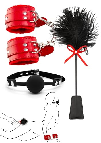 Feather Tickler for Adults French Crop Silicone Breathable Mouth Ball Plug Adjustable Soft Fluffy Handcuffs for Grownups Ankle Cuffs