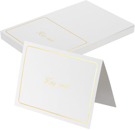 sourcing map Lot de 40 cartes de table avec cadre en or blanc et inscription « Keep Smile » - 14 x 9,6 cm - Pliable - En papier cartonné vierge à remplir - Pour décoration de table