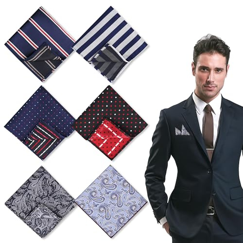 YinnFeen 6 Piezas Pañuelos para Hombre, Pañuelos de Bolsillo de Seda para Hombre, Pañuelo de Traje Suave con Lunares y Rayas para Boda Banquete y Fiesta