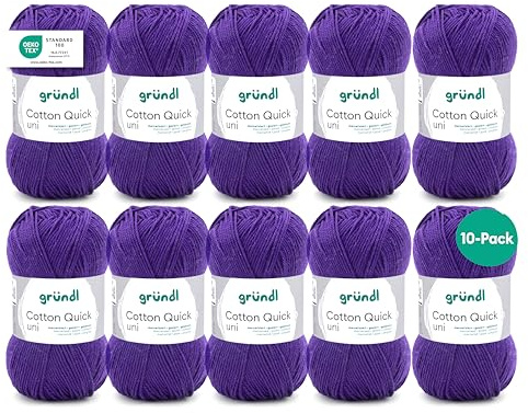 Gründl Cotton Quick Uni stickgarn/virkgarn, 10 nystan om 50 g (färgglatt garn tillverkat av 100% bomull, OEKO-TEX certifierad, 50 g/125 m, nåltjocklek: 3 – 4, 10 x 50 g), plommon