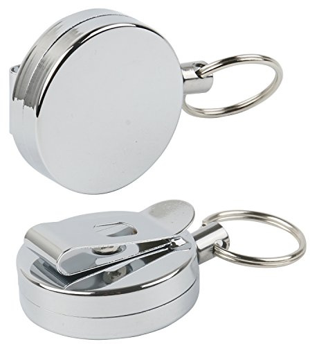 TRIXES Set mit zwei runden silbernen 2,5cm Gürtelclips als Ausweis oder ID-Card Halter mit 60cm JOJO-Aufrollmechanismus Nylonschnur Silberchrom versenkbarer Schlüsselring Schlüsselanhänger
