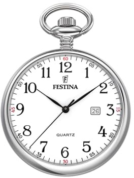 Festina Taschenuhr Herren mit Kette - Edelstahl 316L - Quarzwerk - Kalender - Klassisch, Vintage und Elegant F2019/1