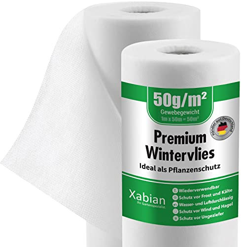 Xabian Wintervlies 50m² (50m x 1m) Rolle 50g/m² Frostschutz für Pflanzen weiß - Sehr hochwertiges Winterschutzvlies für Pflanzen mit hoher UV-Beständigkeit | Idealer Winterschutz für Pflanzen