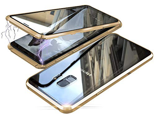 Jonwelsy Hülle für Samsung Galaxy S9, Magnetische Adsorption Metall Stoßstange Flip Cover mit 360 Grad Schutz Doppelte Seiten Transparent Gehärtetes Glas Handyhülle für Samsung S9 (Gold)