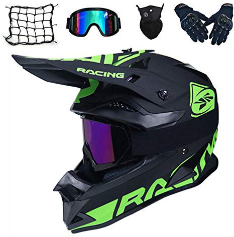 MRDEAR Motocross BMX Helm Matt Schwarz Motorrad Crosshelm Enduro MTB Helm Fullface Fahrrad Helm Cross Helm Motorradhelm Set mit Brille Handschuhe Maske Motorrad Netz - Großer Visieröffnung,A,S