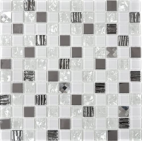Mosaik Fliese Edelstahl weiß Glasmosaik Crystal für WAND BAD DUSCHE KÜCHE FLIESENSPIEGEL THEKENVERKLEIDUNG BADEWANNENVERKLEIDUNG Mosaikmatte Mosaikplatte | 10 Mosaikmatten